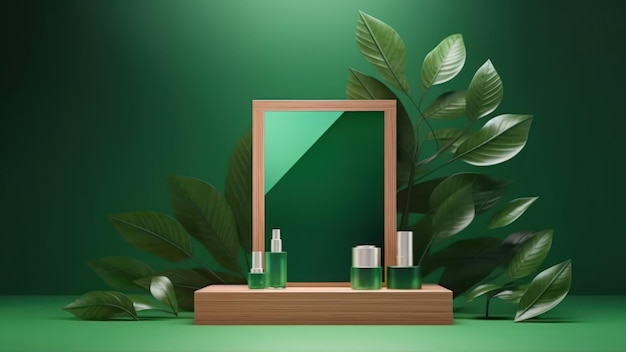 Un miroir avec des feuilles vertes sur fond vert