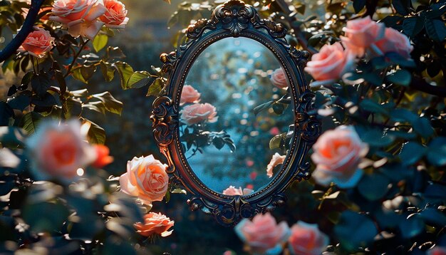 un miroir avec une fleur dans son reflet