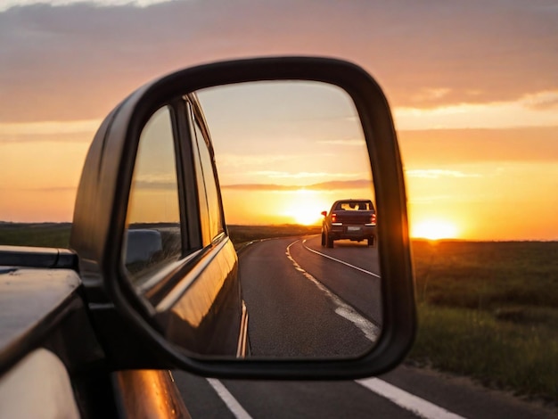 miroir latéral du véhicule montrant le véhicule qui le suit sur la route au coucher du soleil