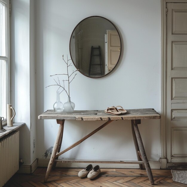 Photo un miroir sur un mur montre une table en bois avec un vase et un vase avec des fleurs