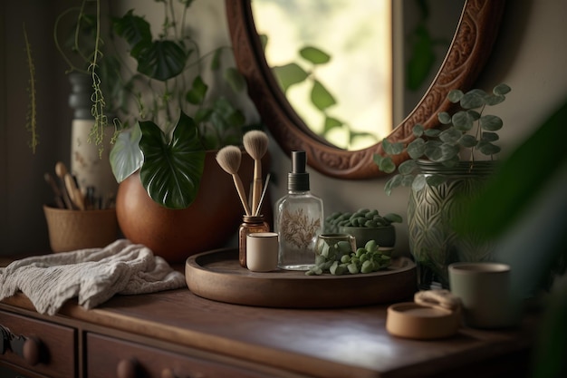 Photo un miroir avec une plante dessus et une bouteille de savon sur un plateau en bois.