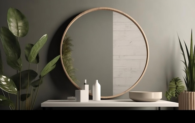 Un miroir rond avec un cadre en bois est posé sur un comptoir de salle de bain.