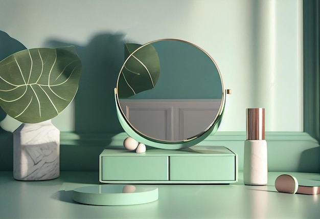 Miroir rond élégant sur une coiffeuse à la menthe avec des produits cosmétiques générés par l'IA