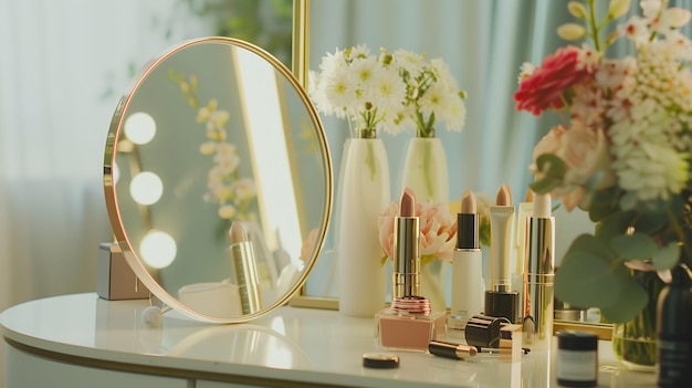 Miroir rond élégant sur la commode avec des produits cosmétiques et des fleurs IA générative
