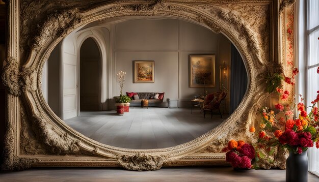 Photo un miroir rond avec une fleur rouge et une peinture sur le mur