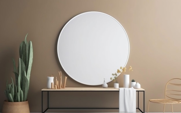 Miroir rond sur un mur marron dans un salon moderne