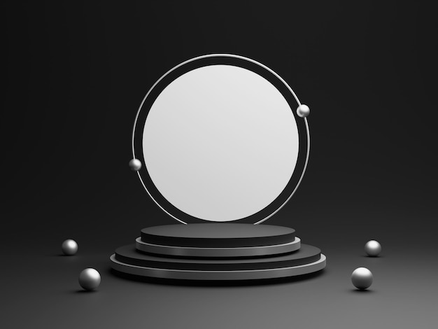 Un miroir rond sur un piédestal avec des boules d'argent dessus