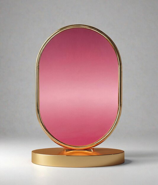 un miroir rose sur un support en or