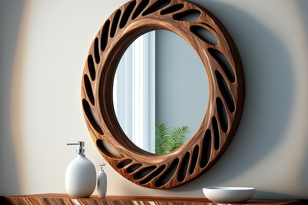 miroir de salle de bains de la conception 3d avec l'évier en bois avec le cadre de tour image stock