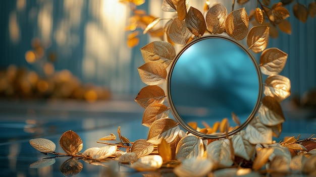 Un miroir sur une table couverte de feuilles