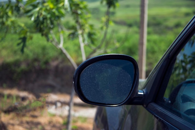 un miroir de voiture noire dans la forêt