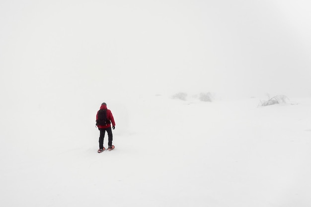 Mise au point douce. Expédition polaire. Un voyageur solitaire en raquettes marche le long d'une pente enneigée dans un linceul brumeux et givré. Temps violent dans le nord, mauvaise visibilité.