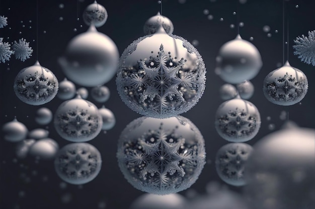 Mise au point de minuscules boules à facettes liquides tombant du ciel contenant chacune un minuscule flocon de neige parfait à l'intérieur des décorations blanches de Noël Fond de décoration d'hiver