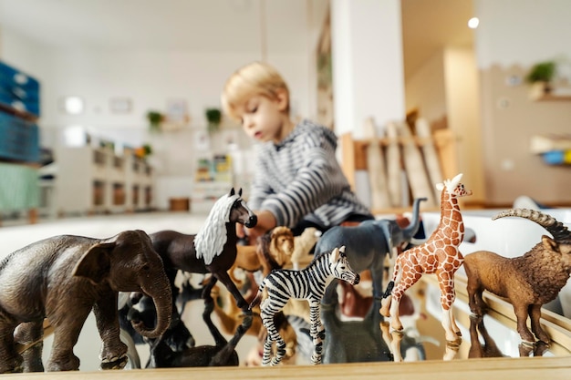 Mise au point sélective sur les animaux avec un garçon jouant avec eux dans un arrière-plan flou à la maternelle