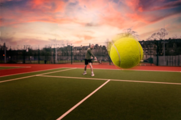 Mise au point sélective d'une balle de tennis jaune en l'air pendant un match