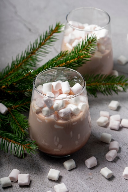 Mise au point sélective. Boisson de Noël. cacao au chocolat avec de petites guimauves blanches avec des branches d'arbres