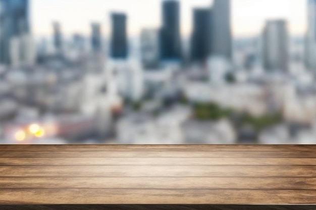 Mise au point sélective Dessus de table en bois avec vitre et fond de paysage urbain