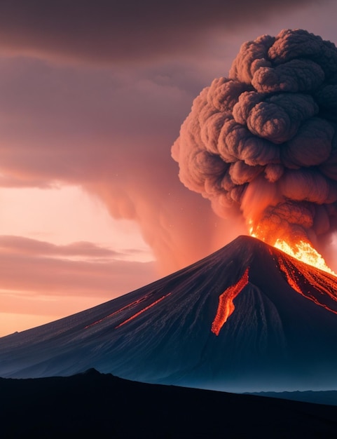 Mise au point sélective d'une éruption volcanique lors de la conception graphique d'un papier peint de jour