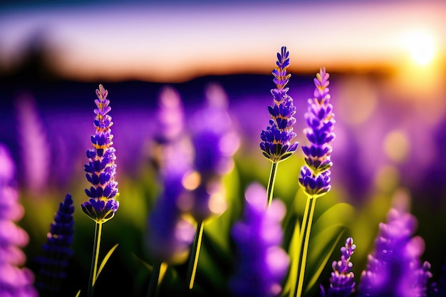 Mise au point sélective sur la fleur de lavande dans le jardin fleuri fleurs de lavande éclairées par la lumière du soleil Art numérique