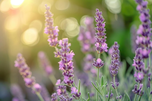 Mise au point sélective sur la fleur de lavande dans le jardin fleuri fleurs de lavande éclairées par la lumière du soleil