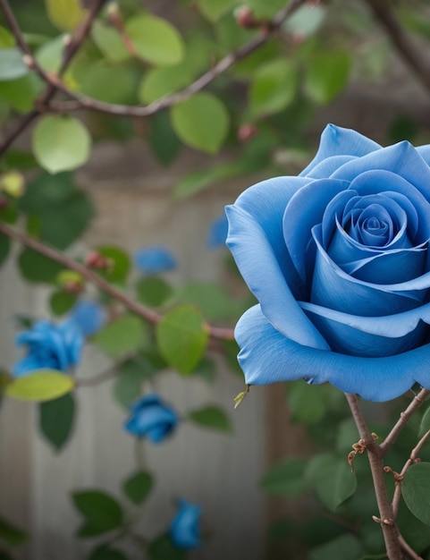 Mise au point sélective d'une fleur de roses bleues attachée à la branche pendant la journée