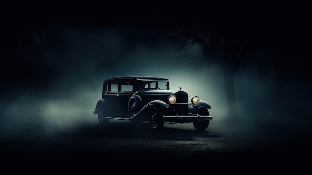 Mise au point sélective sur fond sombre présentant une silhouette de voiture vintage avec des lumières brillantes en basse lumière