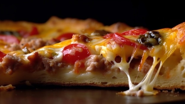 Mise au point sélective et gros plan sur un morceau de pizza aux fruits de mer maison au double fromage