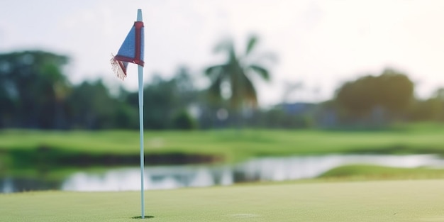 Mise au point sélective sur le parcours de golf avec un beau champ vert sur fond flou AI générative