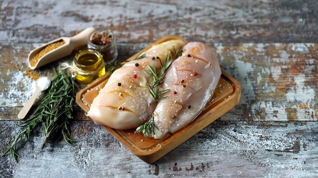 Photo mise au point sélective. poitrine de poulet crue aux épices. idées de régime céto.