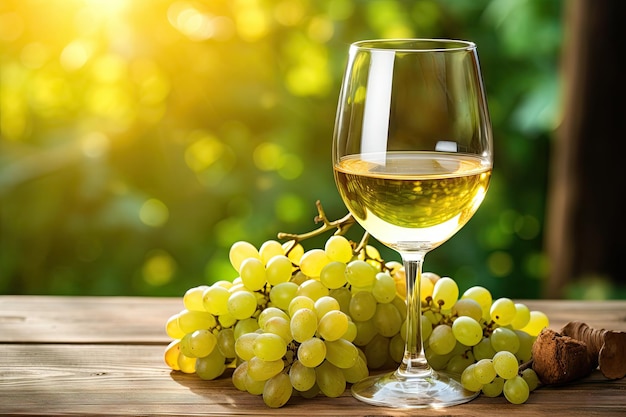 Photo mise au point sélective sur les raisins d'automne et le vin blanc dans un verre sur un vieux fond en bois