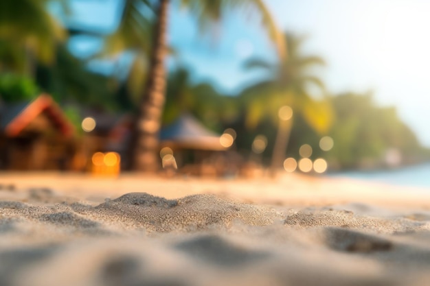 Mise au point sélective sur le sable avec palmier flou sur fond bokeh de plage