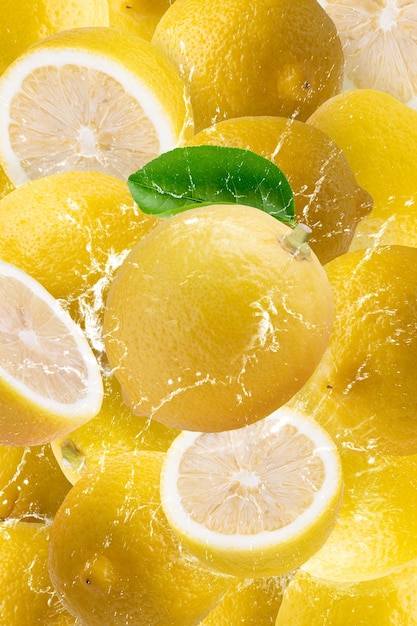 Mise en page créative à base de feuilles de citron et de citron vert et éclaboussures d'eau sur fond de citron jaune