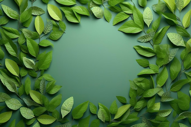 Mise en page créative faite de feuilles vertes brindilles de printemps sur fond vert ou menthe à la mode Feuilles vertes