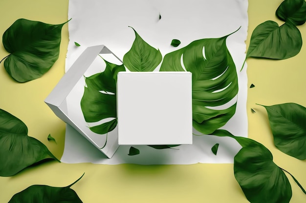 Mise en page créative faite de feuilles vertes écologiques et d'une boîte blanche vide