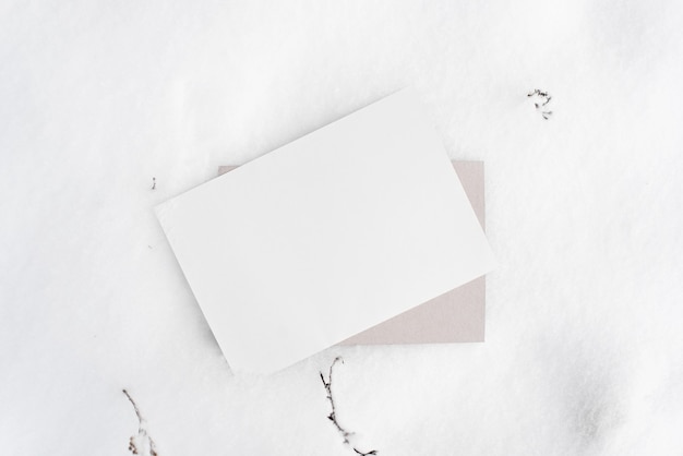 Mise en page de l'humeur d'hiver. Feuille de papier vierge, neige et herbe sèche. Vue de dessus, copiez l'espace. Espace vide pour le texte