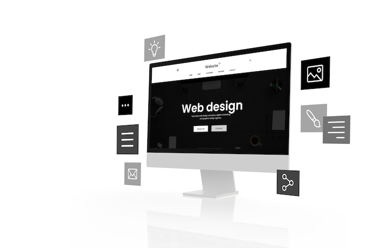 Photo mise en page de studio de conception web plat noir et blanc sur écran d'ordinateur moderne avec concept de modules de mise en page volante