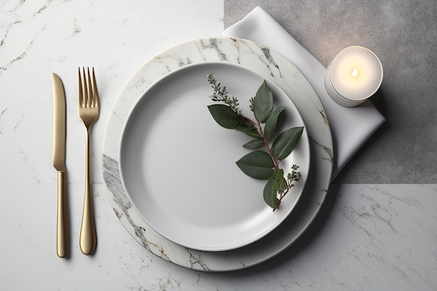 Mise à plat d'une assiette blanche vide et d'une serviette sur un plateau de table en marbre gris clair