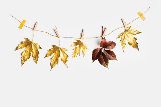 Mise à plat d'automne et d'automne avec des feuilles dorées matalliques peintes avec du ruban adhésif créatif sur l'espace de copie d'individualité de fond blanc