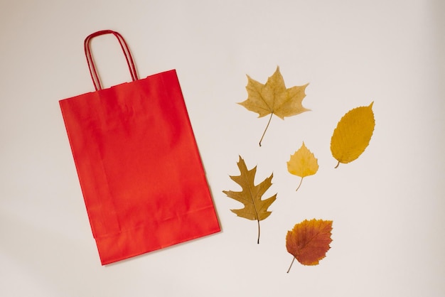 Mise à plat d'automne Un sac rouge artisanal et des feuilles d'automne tombées côte à côte sur un fond clair