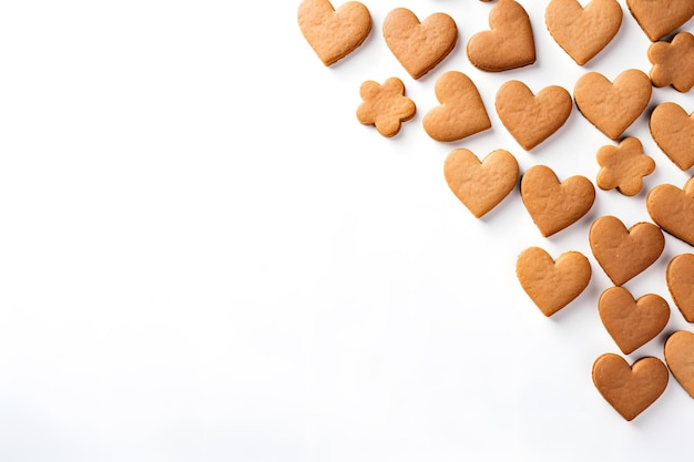 Mise à plat de biscuits en forme de coeur disposés dans un motif d'amour