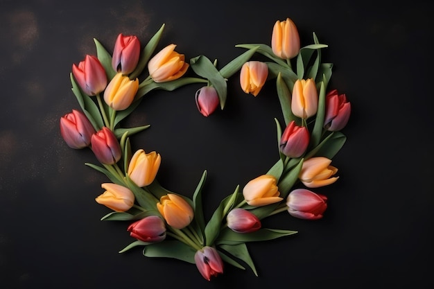 Mise à plat de bouquet de tulipes avec coeur ai génératif