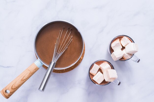 Mise à plat. Chocolat chaud américain garni d'une grande guimauve dans une tasse en verre.