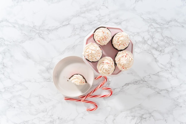 Mise à plat. Cupcakes au chocolat fraîchement cuits au four avec glaçage à la menthe poivrée et décoration avec des bonbons de canne à sucre à la menthe poivrée broyés.