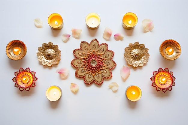 Une mise à plat de décorations Diwali et de diyas parfaites pour ajouter des souhaits Diwali