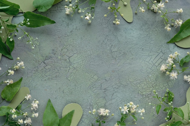 Mise à plat avec des fleurs sauvages blanc cassé et des feuilles vertes Cadre naturel sur fond brun vert texturé vieilli avec place pour texte