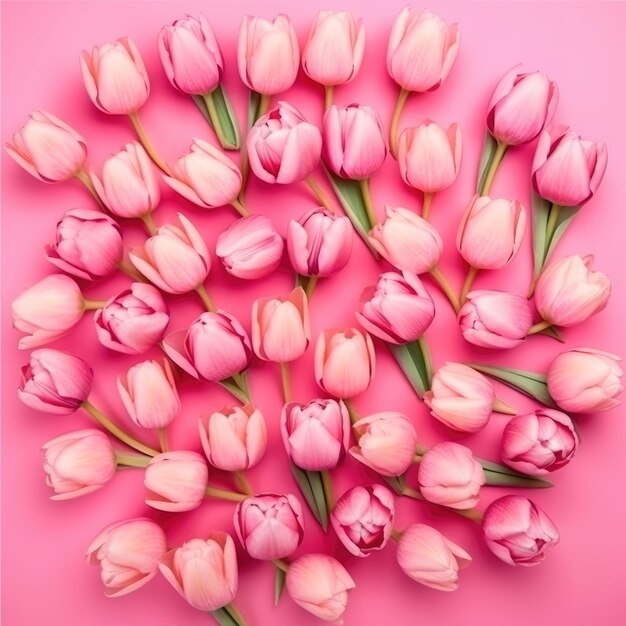 Une mise à plat de fleurs de tulipes sur fond rose Generative AI