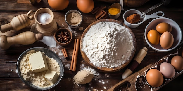 Mise à plat d'ingrédients de cuisson pour une tarte maison Farine Sucre Beurre Oeufs et autres ingrédients sur une surface en bois ai générative