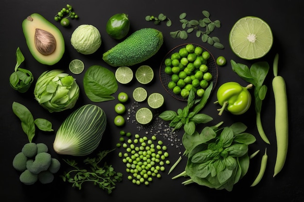 Mise à plat de légumes frais et sains sur fond sombre