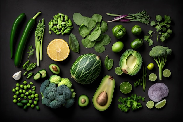 Mise à plat de légumes frais et sains sur fond sombre