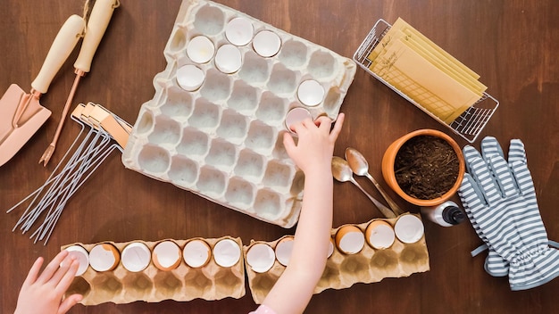 Mise à plat. Mère et fille commençant des graines dans des coquilles d'œufs pour la plantation de printemps.